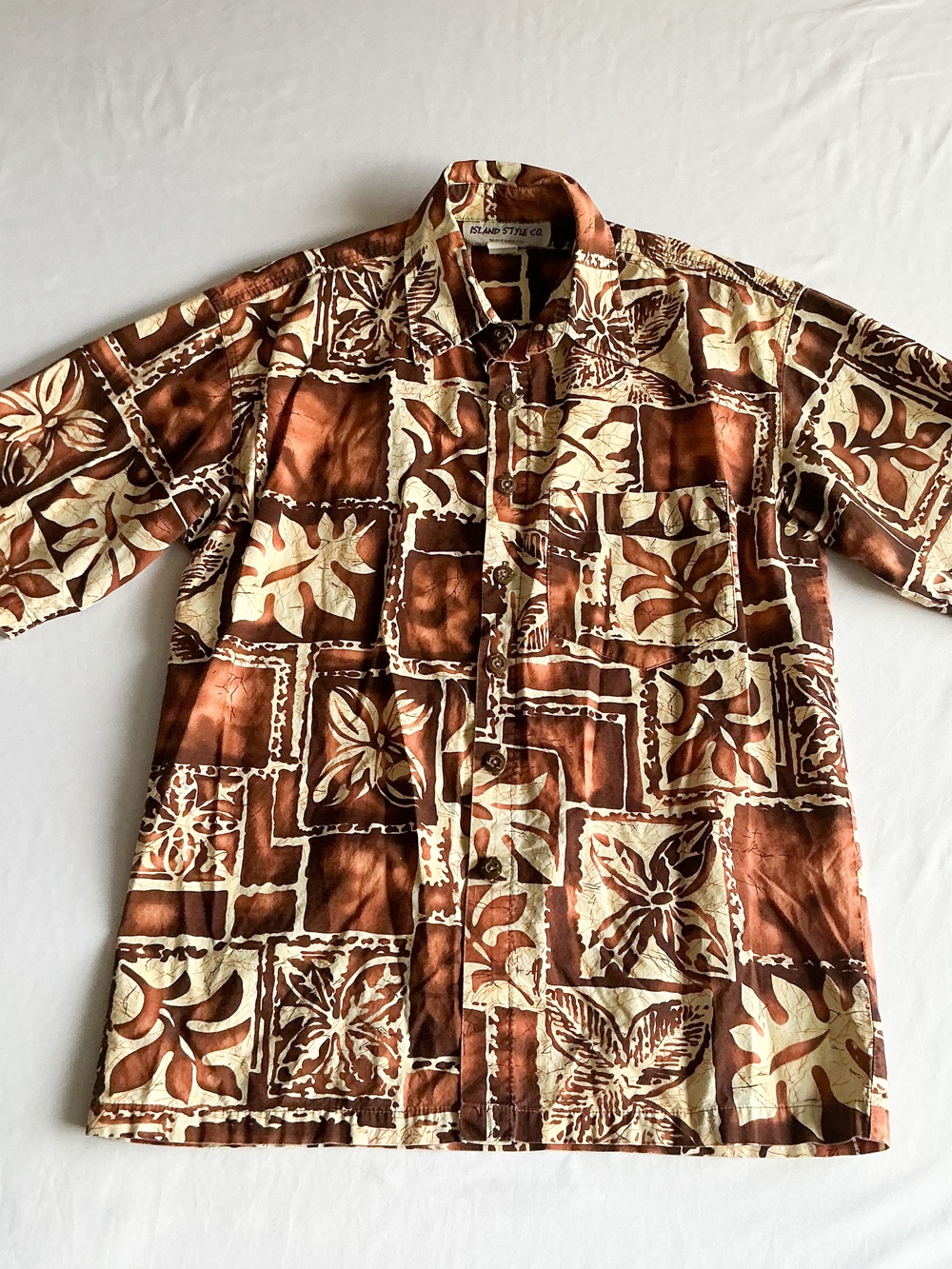 Vintage Island Style Co Aloha Shirt Brown Earth Tone Hibiscus Leaf Tiki Size Sml
